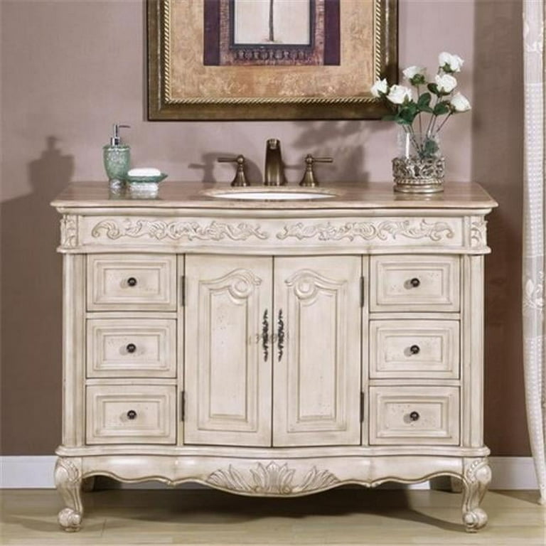 Silkroad Exclusive 48-in Antique White Single Sink Bathroom Vanity with Travertine Top