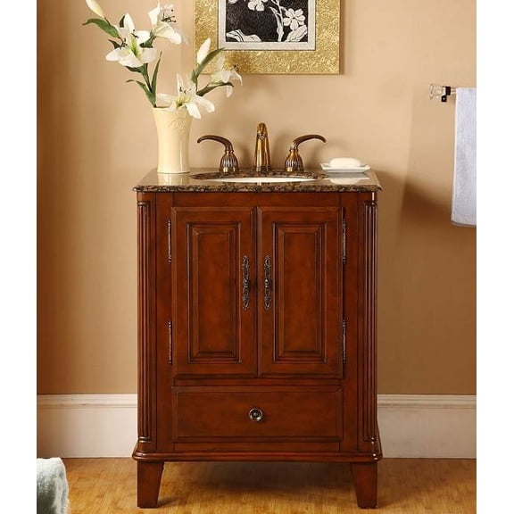 Silkroad Exclusive Transitional Baltic Brown Granite Bathroom Vanity- Single Sink - 28 in. Wide