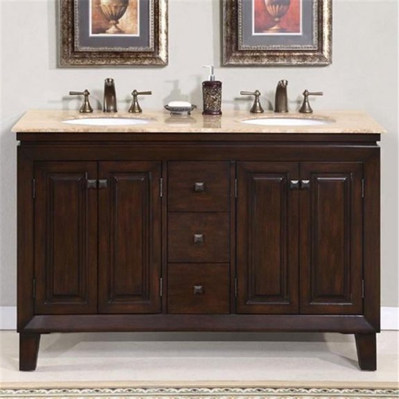 Silkroad Exclusive Transitional Travertine Bathroom Vanity- Double Sink - 55 in. Wide