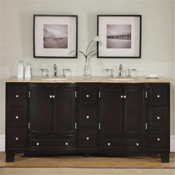 Silkroad Exclusive Transitional Travertine Bathroom Vanity- Double Sink - 72 in. Wide