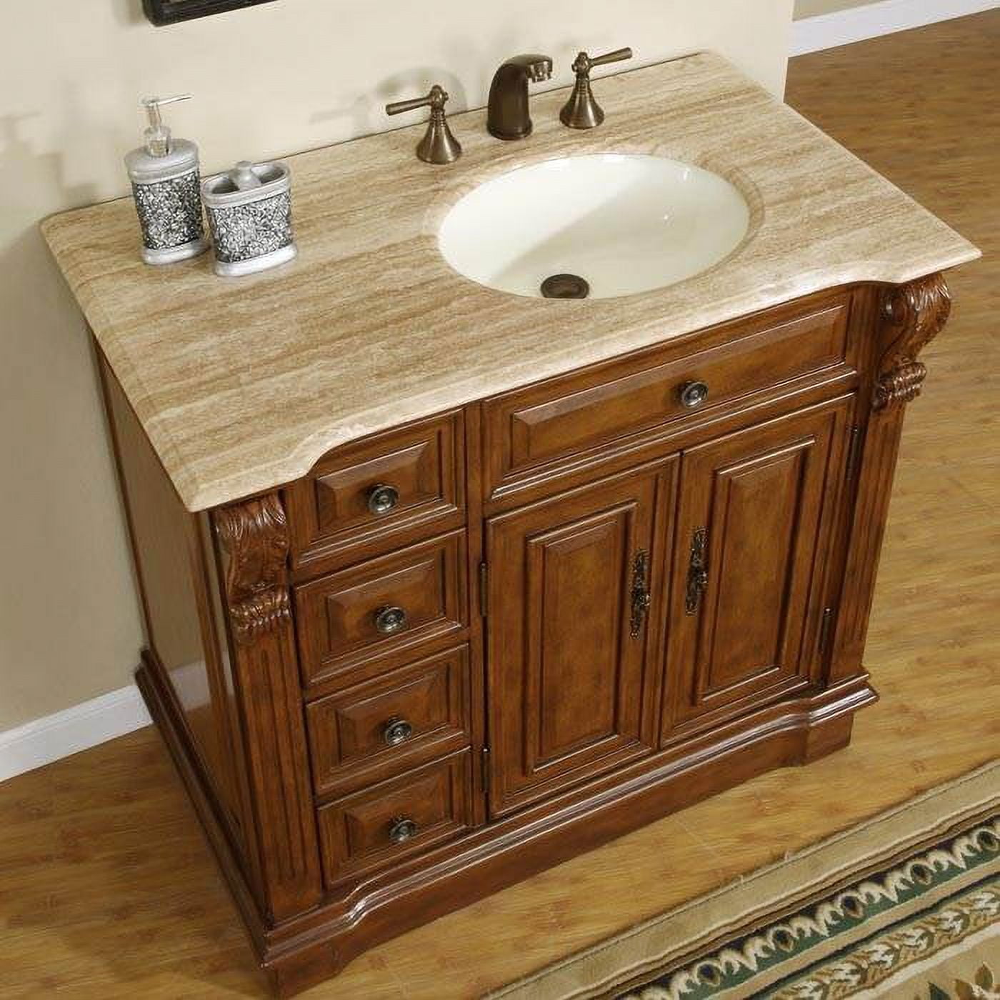 Silkroad Exclusive Transitional Travertine Bathroom Vanity- Single Sink ...