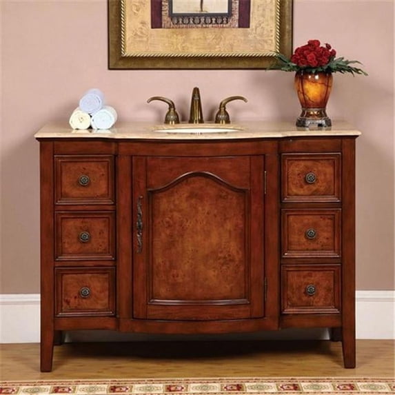Silkroad Exclusive Transitional Travertine Bathroom Vanity- Single Sink - 48 in. Wide