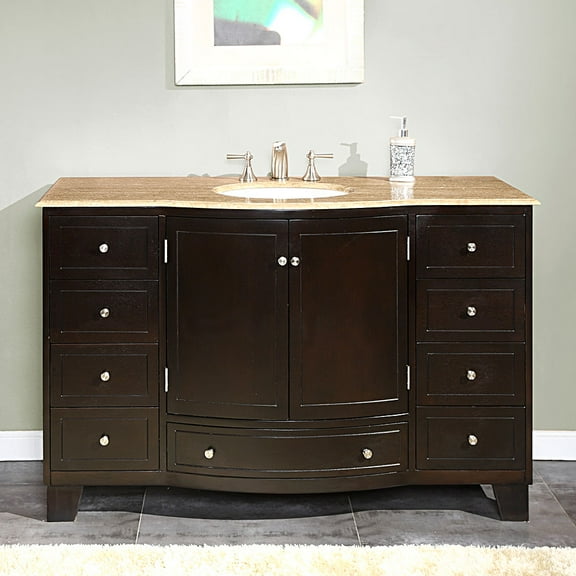 Silkroad Exclusive Transitional Travertine Bathroom Vanity, Single Sink - 55 in. Wide