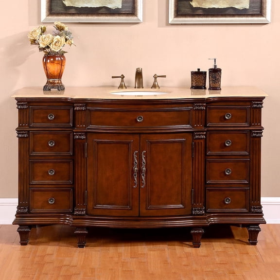 Silkroad Exclusive 60-inch Travertine Stone Top Bathroom Single Sink Vanity