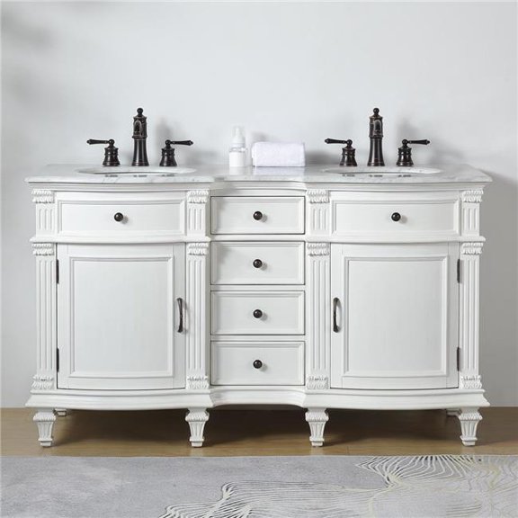 Silkroad Exclusive V0313WW60D 60 in. Carrara White Marble Top Double Sink Bathroom Vanity - Antique White