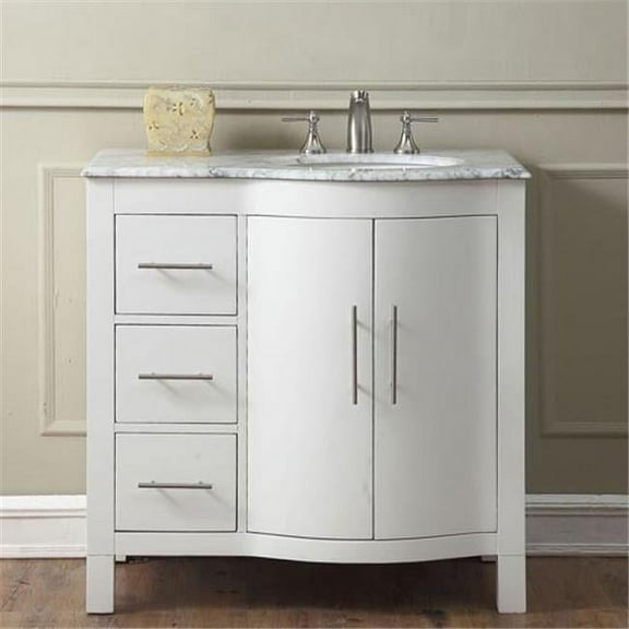 Silkroad Exclusive V0320WW36L 36 in. Carrara White Marble Top Single Sink Bathroom Vanity