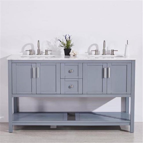 Silkroad Exclusive V10060GWSD 60 in. Carrara White Marble Top Double Sink Bathroom Vanity