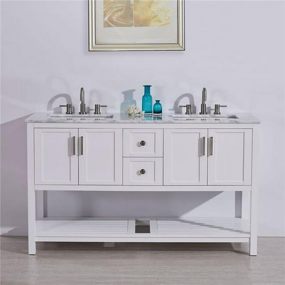 Silkroad Exclusive V10060WWSD 60 in. Carrara White Marble Top Double Sink Bathroom Vanity