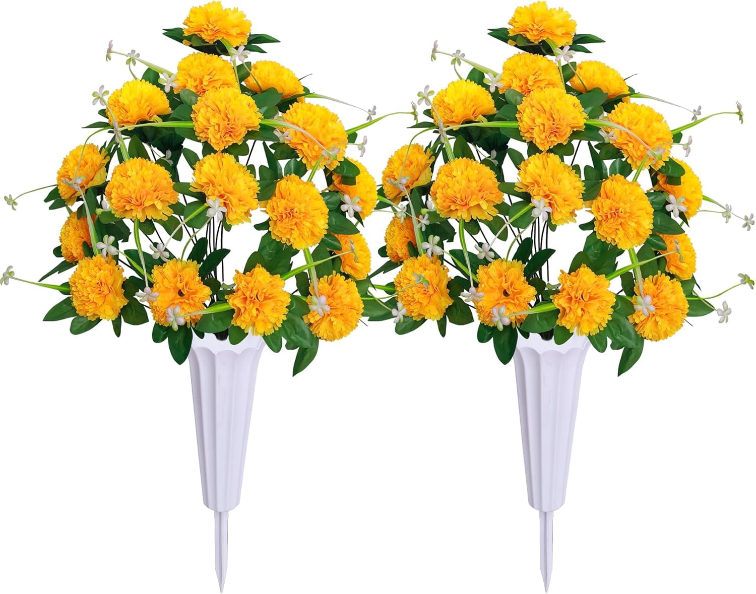 Silks Artificial Cemetery Flowers, Set of 2 Grave Decorations Bulbous Chrysanthemum,Memorial Flowers Bouquet with Cemetery Vase for Cemetery Headstones Decoration (Red)
