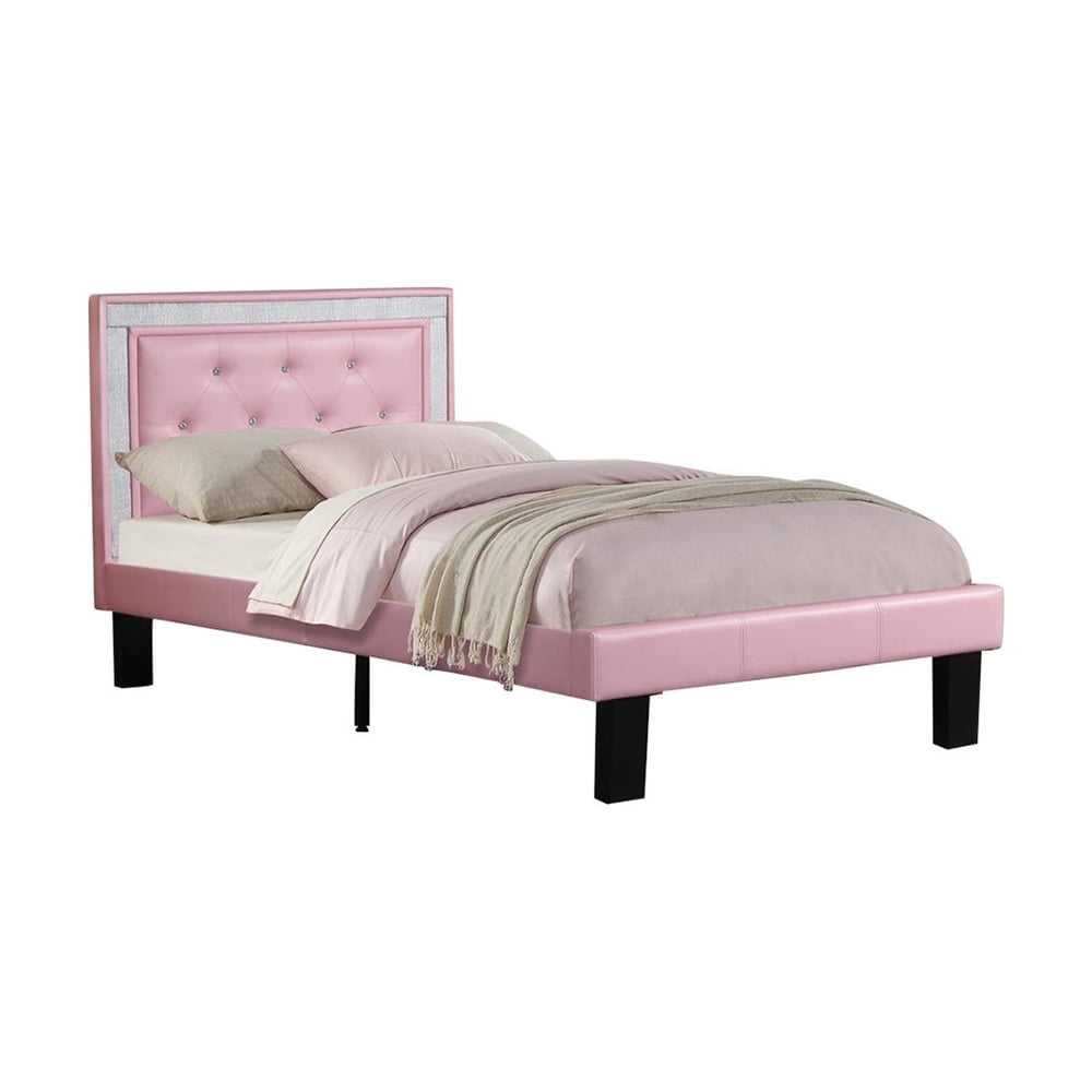 Silky And Sheeny Wooden Full Bed With Pink PU Tufted Head Board, Pink Finish - Saltoro Sherpi