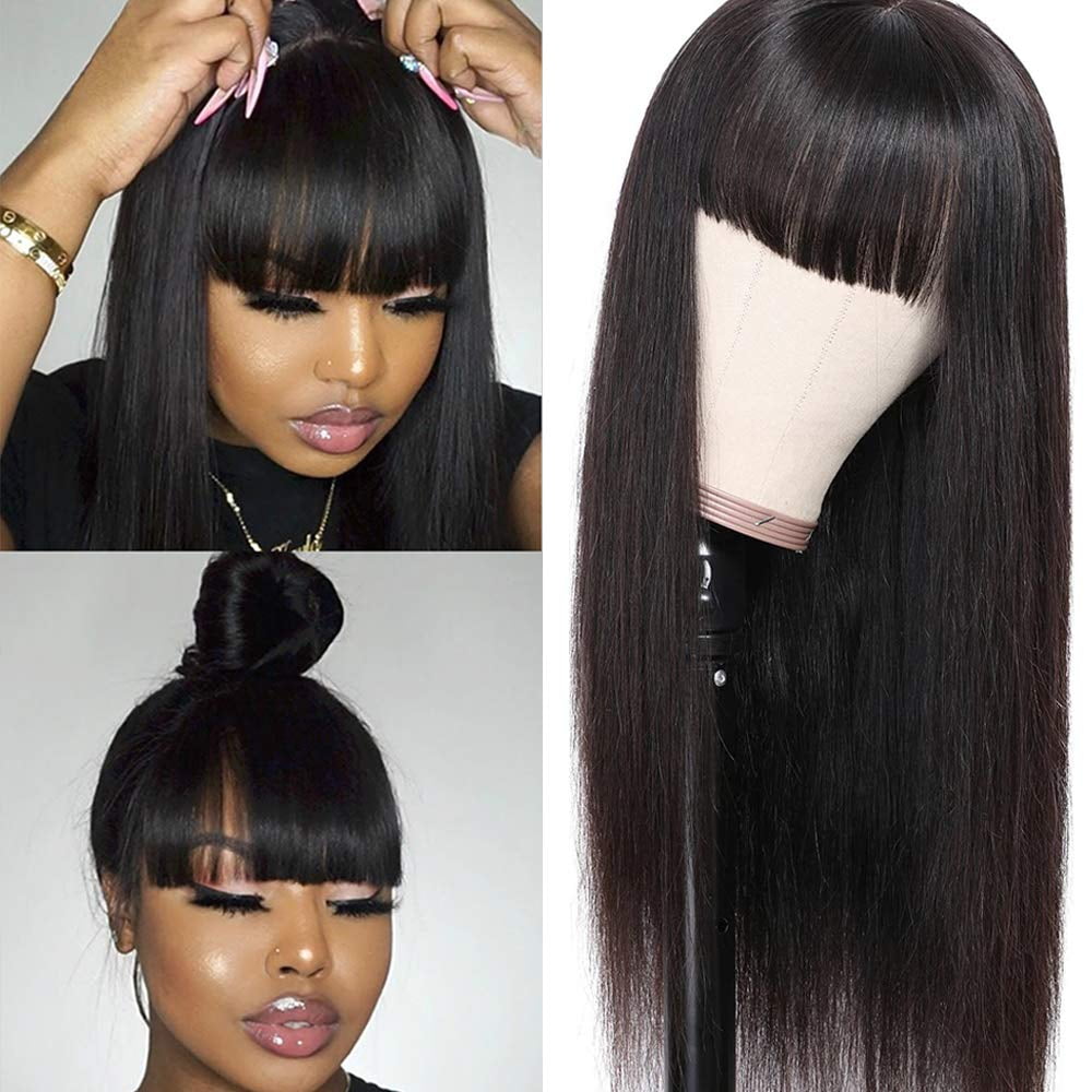 Silky Brazilian Virgin Straight Human Hair Wigs with Bangs 150 Density