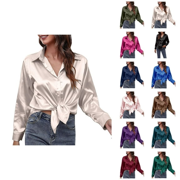 Silky Button-Down Blouse Solid Color Temperament Top Women Silky Soft Shirt Versatile Breathable for Us Casual Workwear