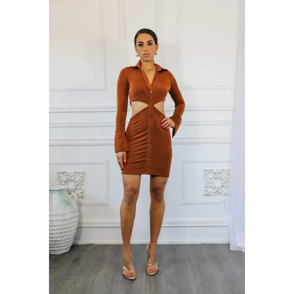 Silky Button Down Dress with Waist Cut Out Detail