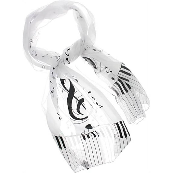 Silky Feel 12"x60" Classic Music Scarf-Treble Clef and Piano Keys-White