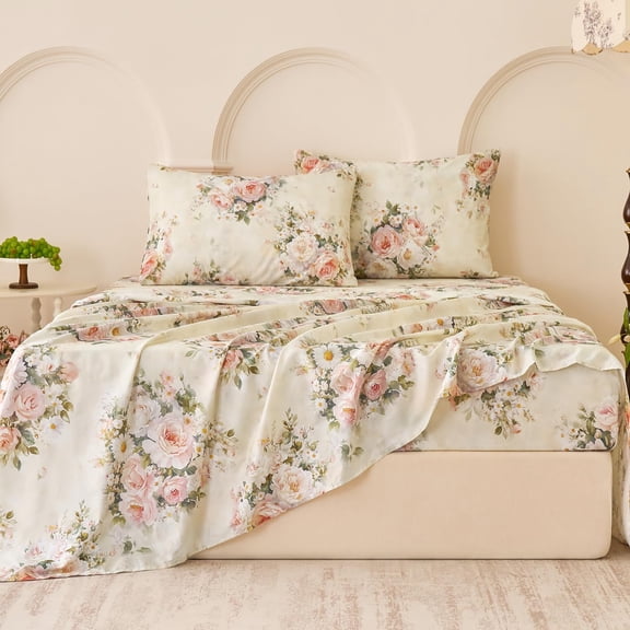 Silky Floral Bed Sheets King Size Cream Cotton Blush Pink Rose Printed Sheet Set
