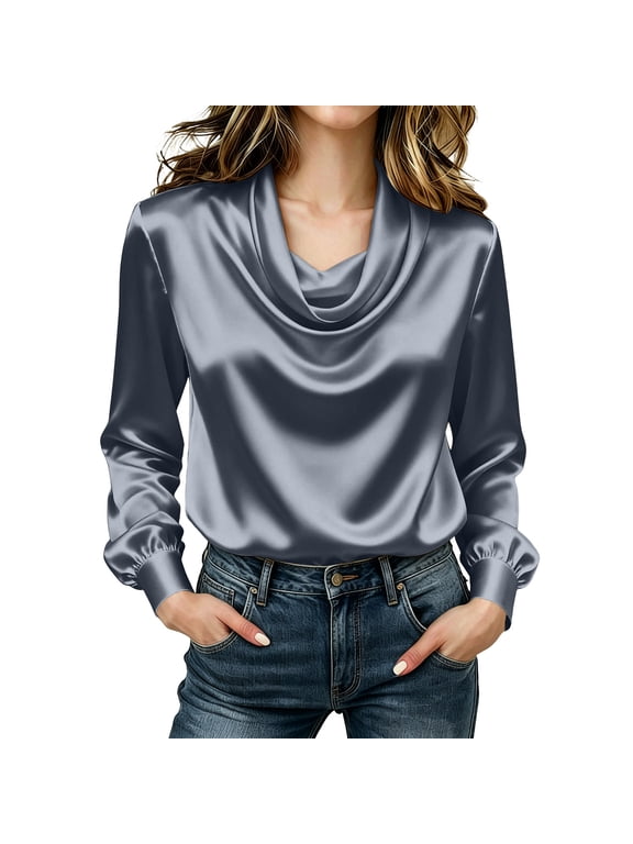 Silky Gloss Satin Cowl Draped Neck Bubble Long Sleeve Loose Pullover Blouse Solid Casual Office Shirt for Women Spring Fall Daily Party Wear S-3XL