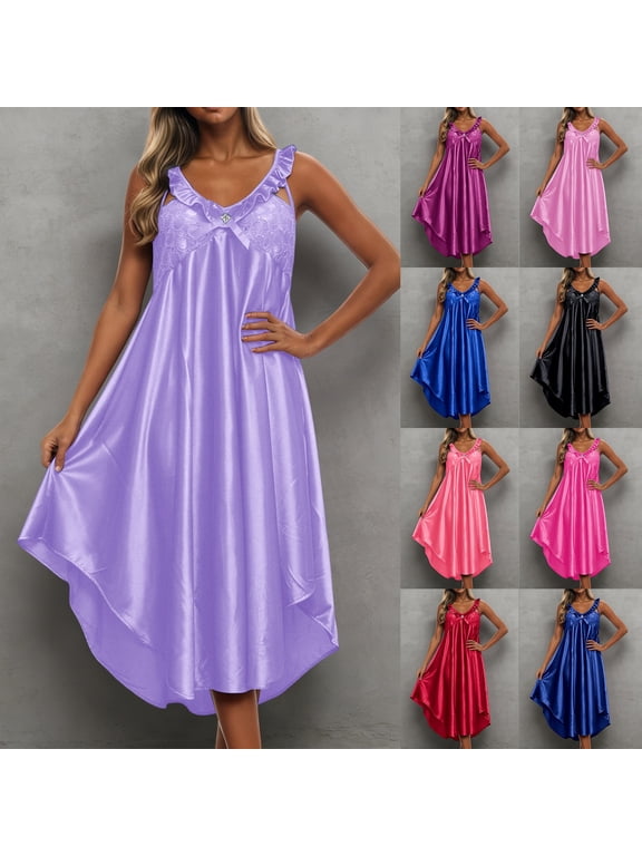 Silky Nightgowns For Women Sleeveless Midi Satin Night Gown Soft Ice Silk Nightdress Flowy Long Sleep Dress