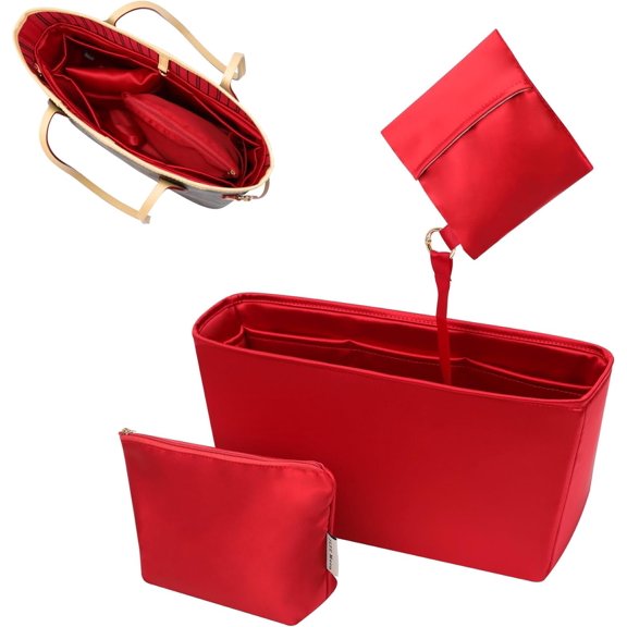 Silky Purse Insert Organizer 3 Set for Neverfull Bags, Silk Bag Organizer, Luxury Handbag Shaper,Lightweight and Soft (MM, Red)