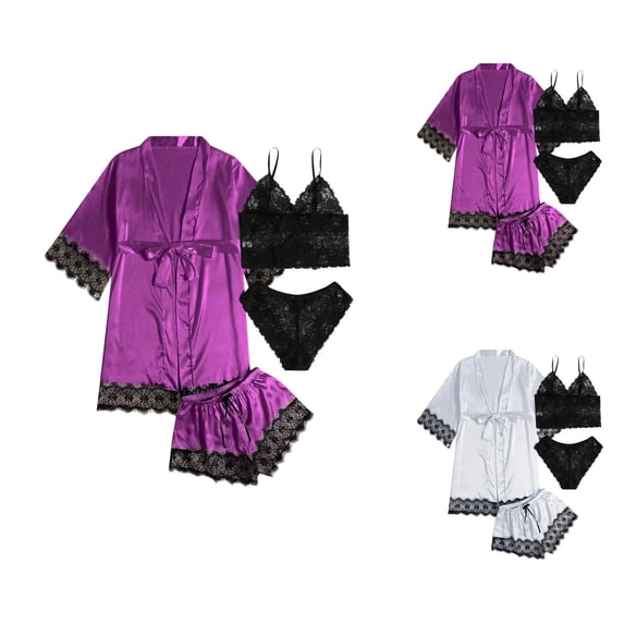Silky Robe Sets for Women Lace Short Sleeve Kimono Robe Crop Cami Tank Top Panty and Pajama Shorts 4 Piece Pjs Set