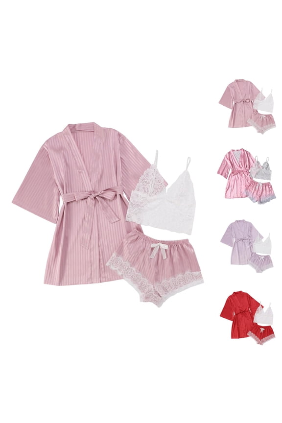 Silky Robe Sets for Women Short Sleeve Kimono Robe Lace Crop Cami Tank Top and Lace Trim Pajama Shorts 3 Piece Pjs Set