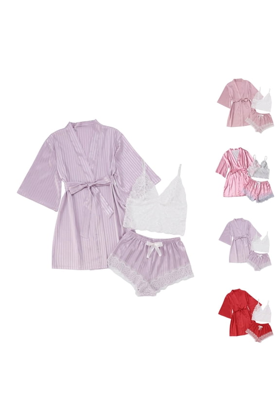 Silky Robe Sets for Women Short Sleeve Kimono Robe Lace Crop Cami Tank Top and Lace Trim Pajama Shorts 3 Piece Pjs Set