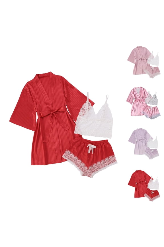Silky Robe Sets for Women Short Sleeve Kimono Robe Lace Crop Cami Tank Top and Lace Trim Pajama Shorts 3 Piece Pjs Set