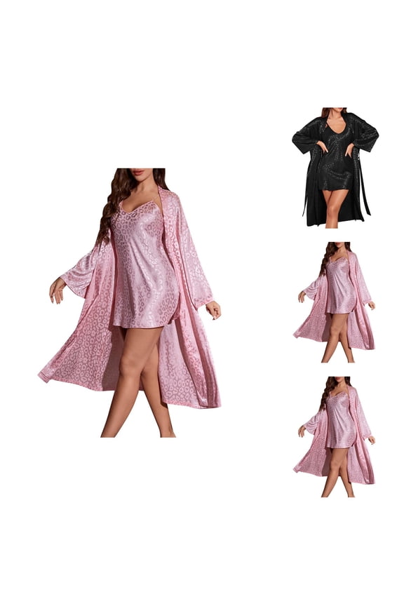Silky Robe Sets for Women Spaghetti Strap V Neck Nightgown and Long Sleeve Bath Robe 2 Piece Matching Set Bridal Party Robes