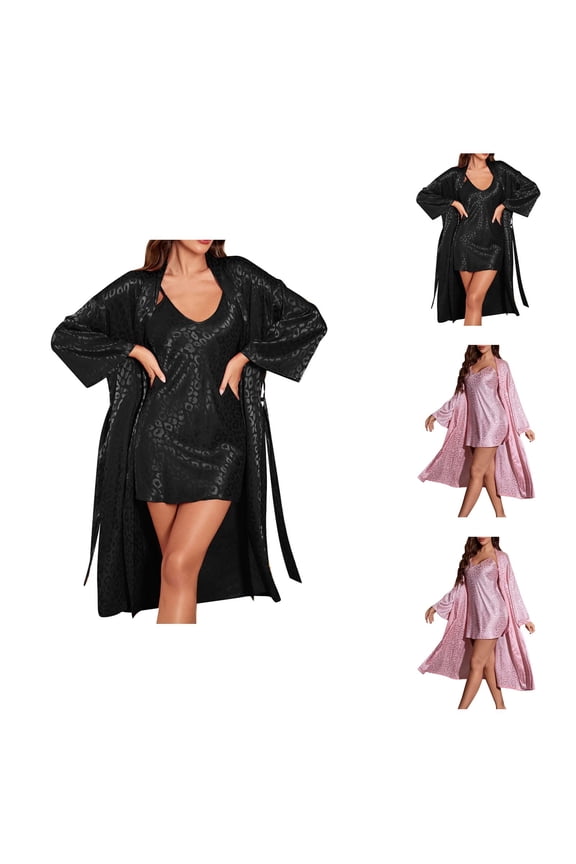 Silky Robe Sets for Women Spaghetti Strap V Neck Nightgown and Long Sleeve Bath Robe 2 Piece Matching Set Bridal Party Robes