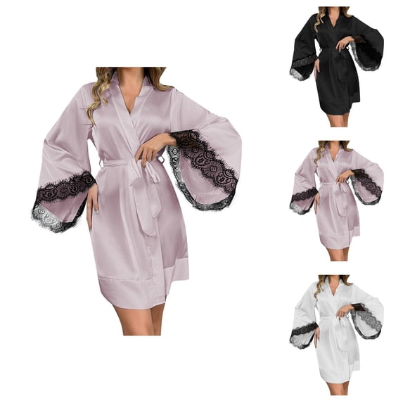 Silky Robes for Women 3/4 Sleeve Lace Loose Fit Kimono Robe Bride Bridesmaid Wedding Party Robe Sleepwear