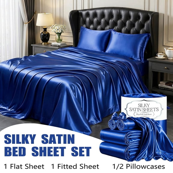 Silky Satin Bed Sheet Set, 4 Pieces Cooling Satin Sheets with Deep Pocket, Ultra Soft & Wrinkle Resistant-Blue