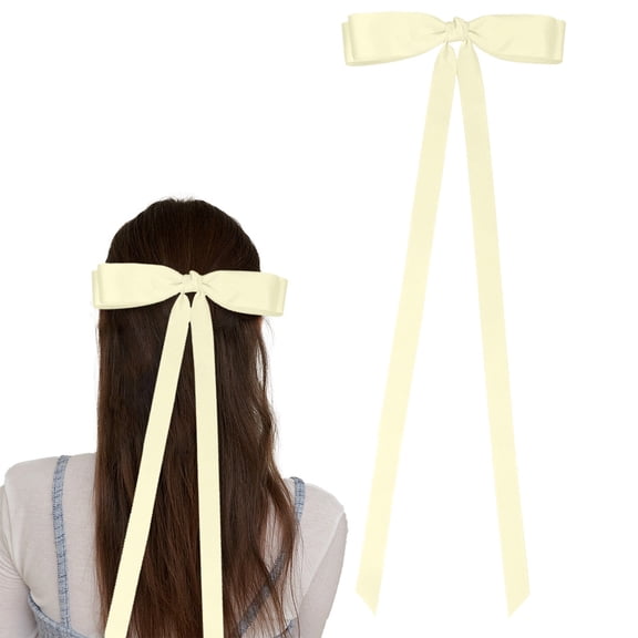 Silky Satin Hair Bow Clip, Oversized Ponytail Holder Ribbon for Women Teens, Everyday & Party Hairstyle, Neutral Beige, A Long-Tail T-Knot Bow