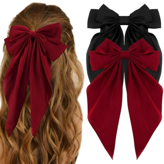 Silky Satin Hair Bows 2 Pcs Big Large Hair Bows for Women Hair Ribbons Oversized Long Tail Black/Red Hair Bow Hair Barrettes French Soft Ribbon Barrettes Metal Clips Bowknot Aesthetic Hairclips