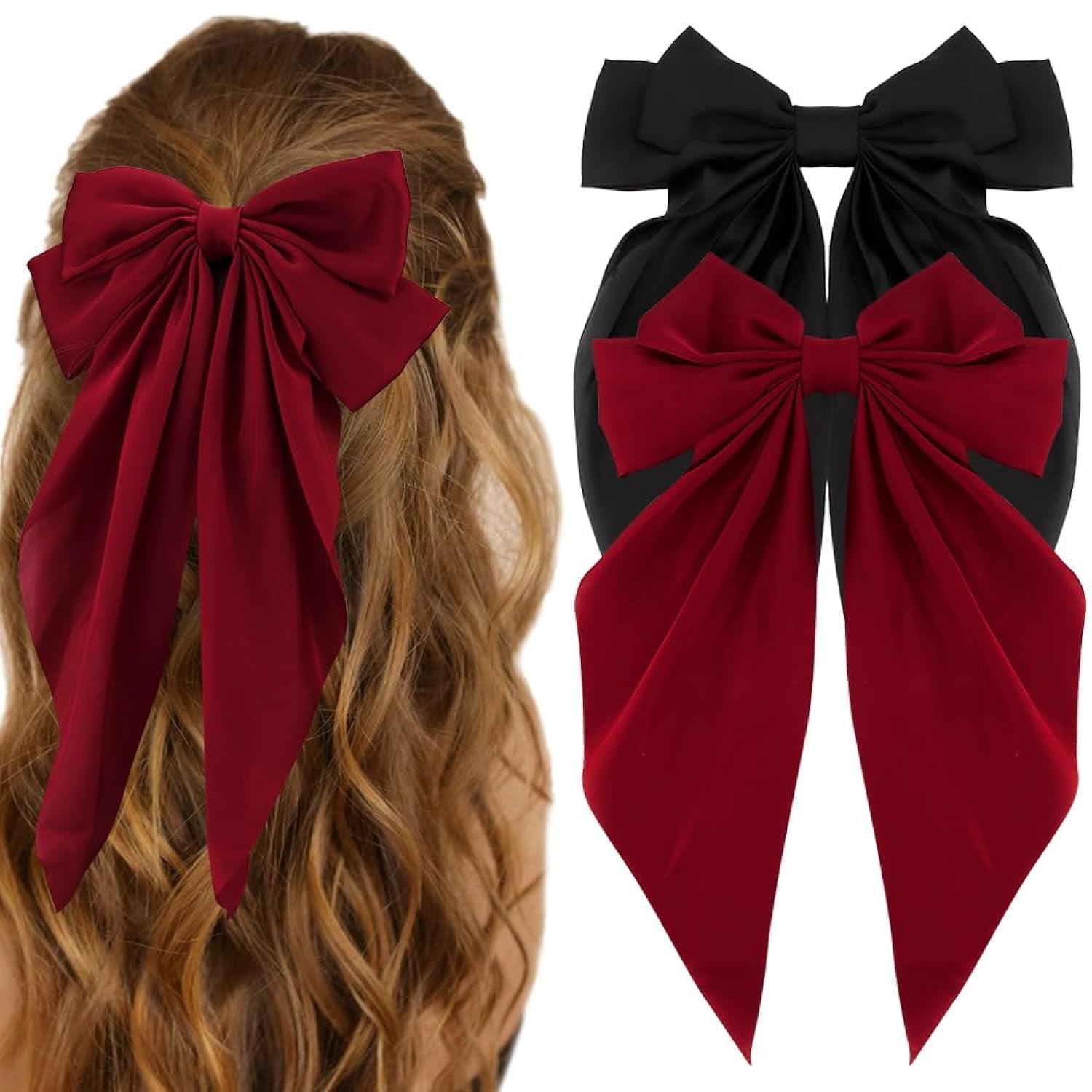 Silky Satin Hair Bows 2 Pcs Big Large Hair Bows for Women Hair Ribbons ...