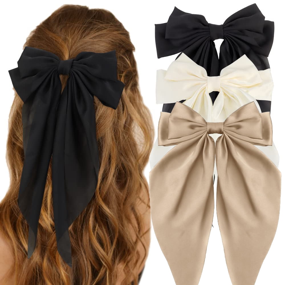 Hair Bow Silky Satin Hair Bows for Women 3Pcs Large Hair Ribbons Oversized Long Tail Bow Hair Clips Barrettes Metal Clips Bowknot Girls Hair Accessories--