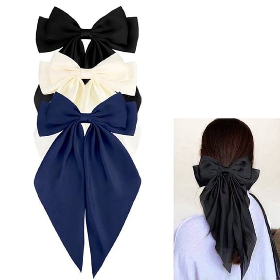 LSTECICE Hair Bows, Silky Satin Large Long Tail Metal Hair Clips, Assorted Colors, 3Pcs
