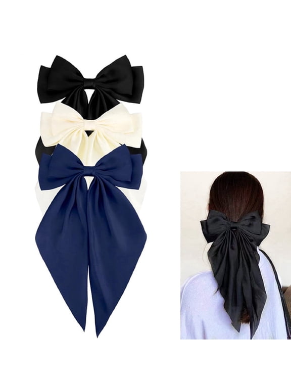 Hair Bows, Silky Satin Large Long Tail Metal Hair Clips, Assorted Colors, 3Pcs