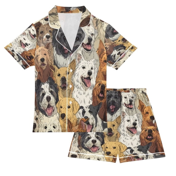 Silky Satin Kids' Pajama Set Breathable & Smooth Unisex Button-Down Pajamas A Large Group Of Dogs