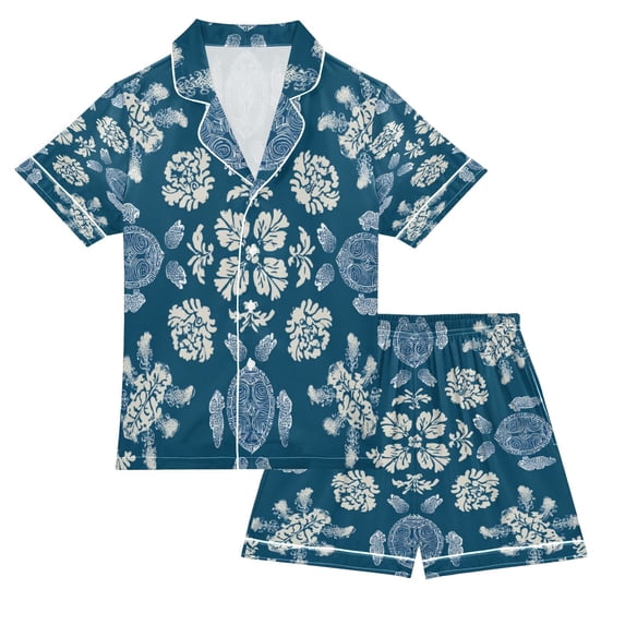 Silky Satin Kids' Pajama Set Breathable & Smooth Unisex Button-Down Pajamas Abstract Turtle Pattern