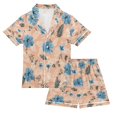 thumbnail image 1 of Silky Satin Kids' Pajama Set Breathable & Smooth Unisex Button-Down Pajamas Blue Flowers and Pink Leaves XX-Large, 1 of 8