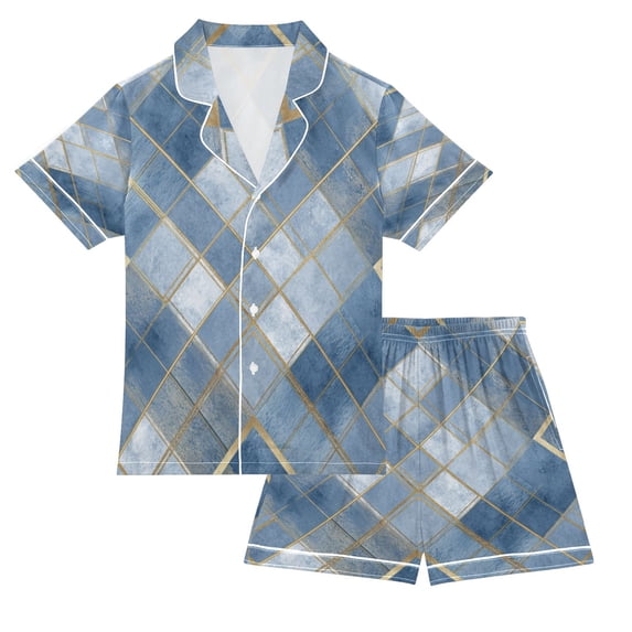 Silky Satin Kids' Pajama Set Breathable & Smooth Unisex Button-Down Pajamas Blue Plaid Pattern
