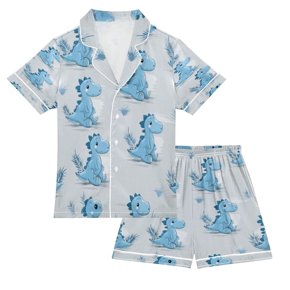 Silky Satin Kids' Pajama Set Breathable & Smooth Unisex Button-Down Pajamas Cartoon Blue Dinosaurs