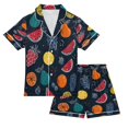 thumbnail image 1 of Silky Satin Kids' Pajama Set Breathable & Smooth Unisex Button-Down Pajamas Cartoon Variety Of Fruits, 1 of 8