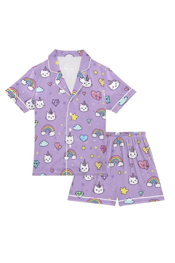 Silky Satin Kids' Pajama Set Breathable & Smooth Unisex Button-Down Pajamas Cat Face and Rainbows Pattern Small