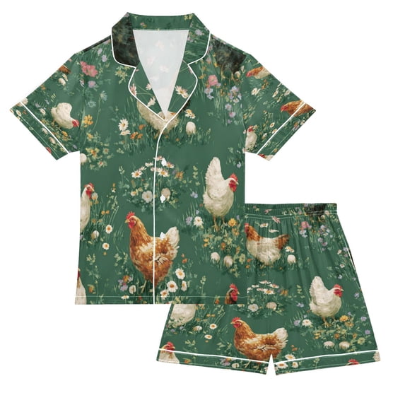 Silky Satin Kids' Pajama Set Breathable & Smooth Unisex Button-Down Pajamas Chickens and Flowers Pattern
