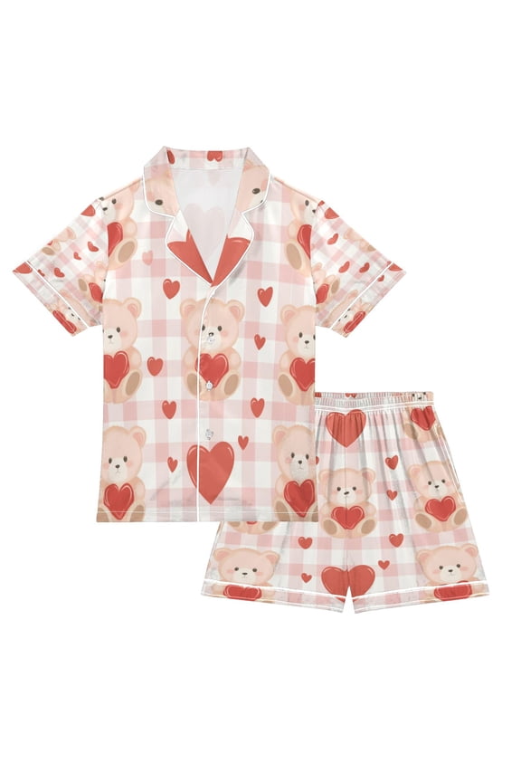 Silky Satin Kids' Pajama Set Breathable & Smooth Unisex Button-Down Pajamas Cute Bear Pattern