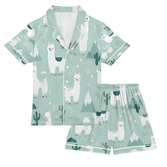 Silky Satin Kids' Pajama Set Breathable & Smooth Unisex Button-Down Pajamas Cute Cartoon Llama Pattern