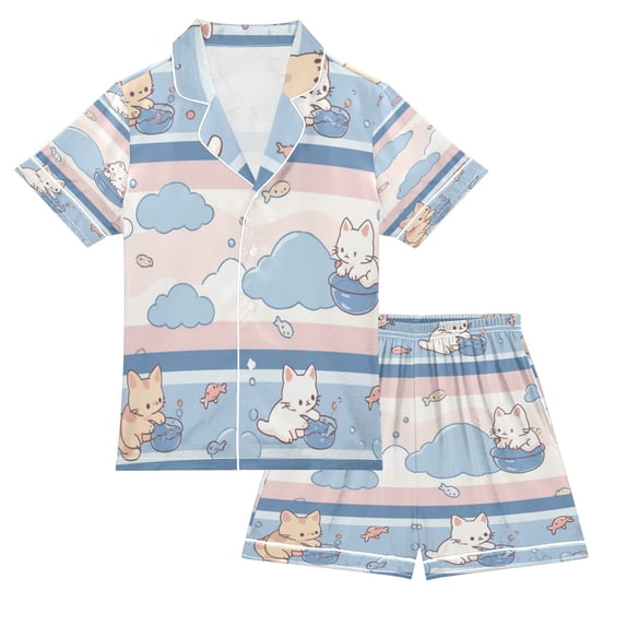 Silky Satin Kids' Pajama Set Breathable & Smooth Unisex Button-Down Pajamas Cute Cat Pattern