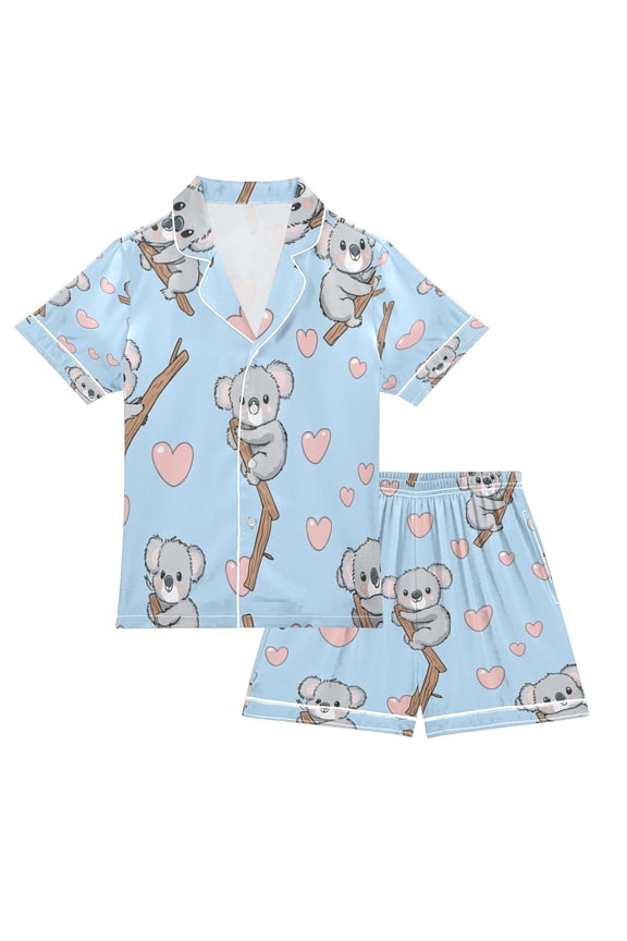 Silky Satin Kids' Pajama Set Breathable & Smooth Unisex Button-Down Pajamas Cute Koala Pattern