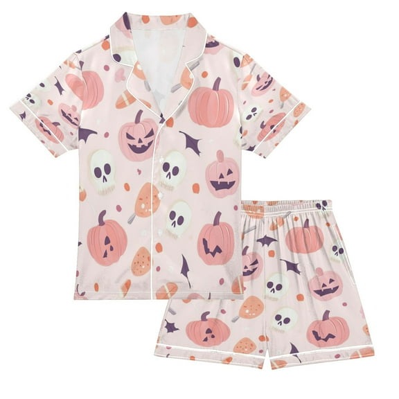 Silky Satin Kids' Pajama Set Breathable & Smooth Unisex Button-Down Pajamas Cute Pastel Pink Halloween