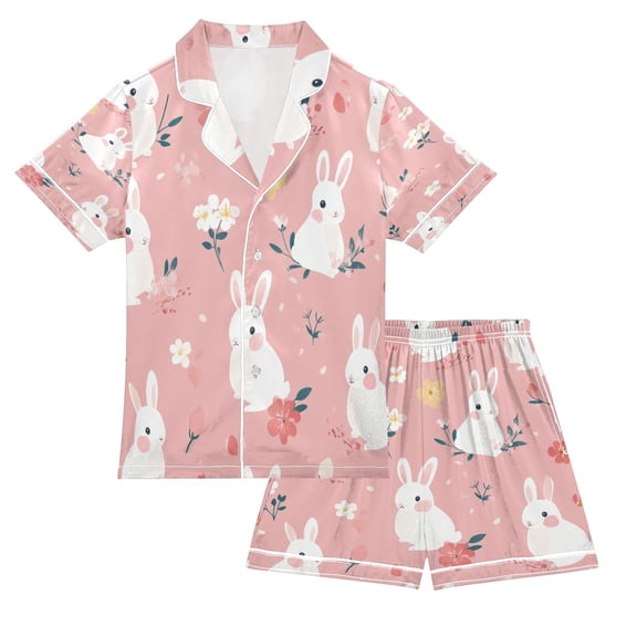 Silky Satin Kids' Pajama Set Breathable & Smooth Unisex Button-Down Pajamas Easter Bunnies and Flowers
